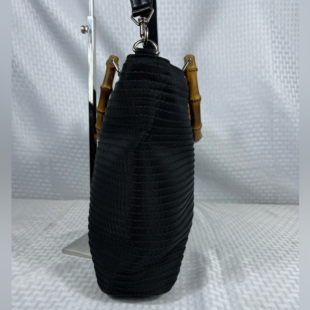 3180: Gucci Bamboo Handle Shoulder Tote Black Woven Nylon Vintage - Picture 5 of 11